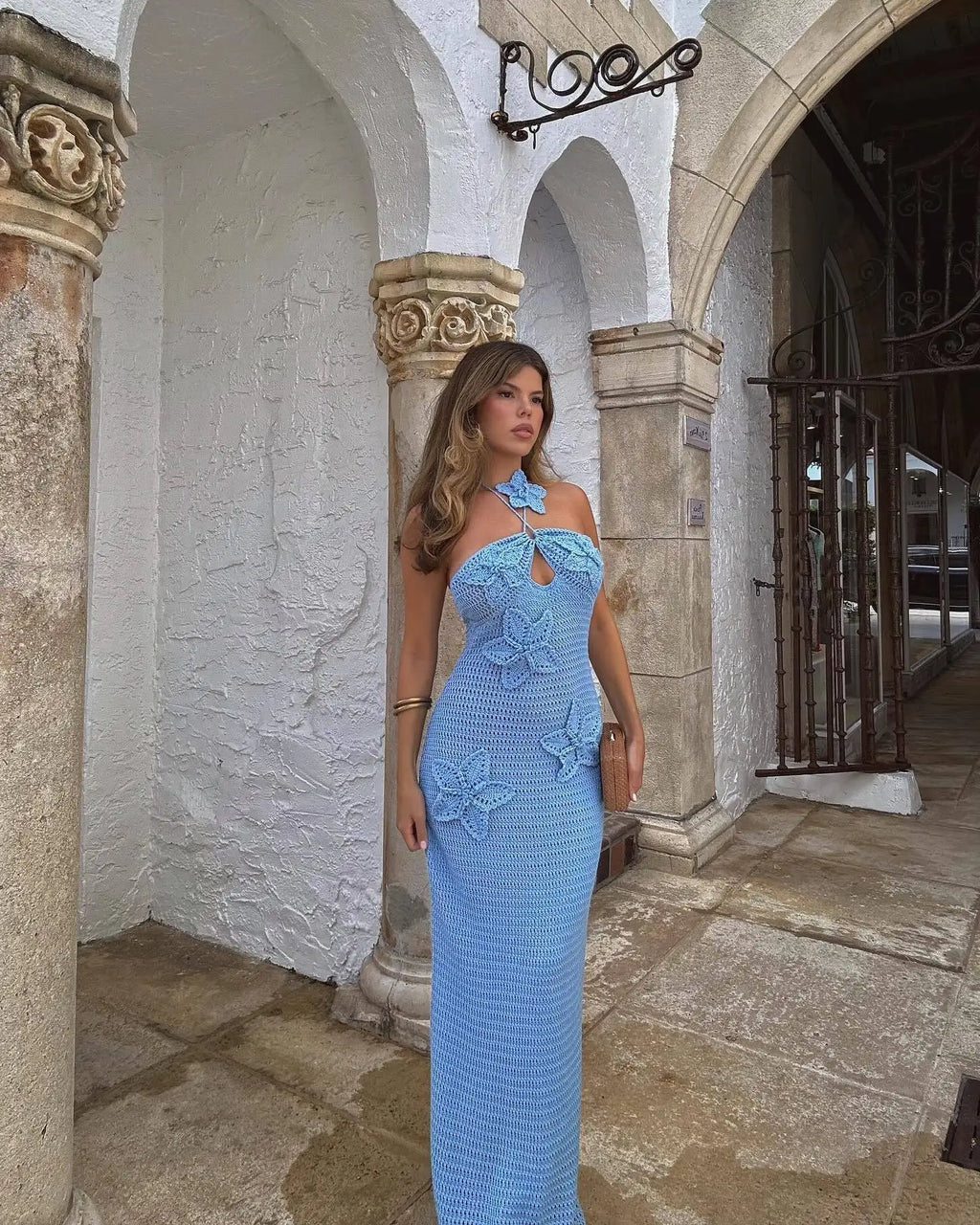 Sexy 3D Flower Knitted Dress for Women Hollow Out Halter Sleeveless Beach Maxi Dress Summer Vacation Ladies Vestidos