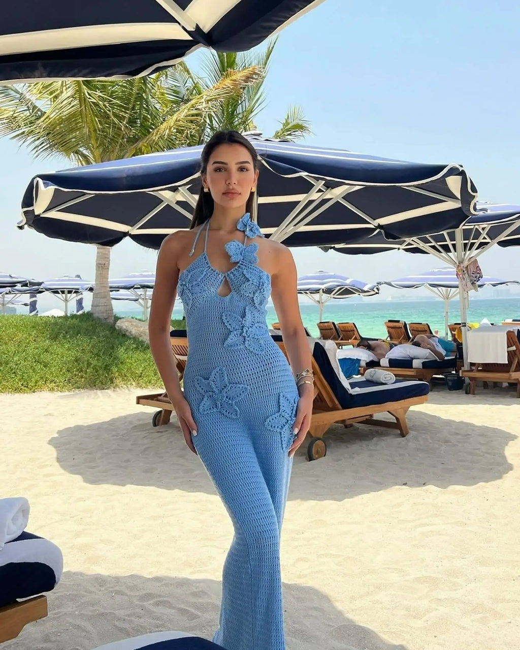 Sexy 3D Flower Knitted Dress for Women Hollow Out Halter Sleeveless Beach Maxi Dress Summer Vacation Ladies Vestidos