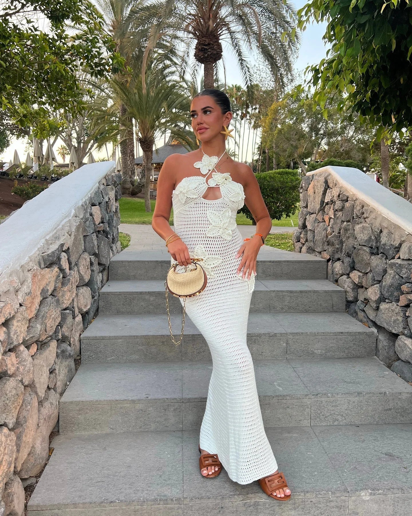 Sexy 3D Flower Knitted Dress for Women Hollow Out Halter Sleeveless Beach Maxi Dress Summer Vacation Ladies Vestidos