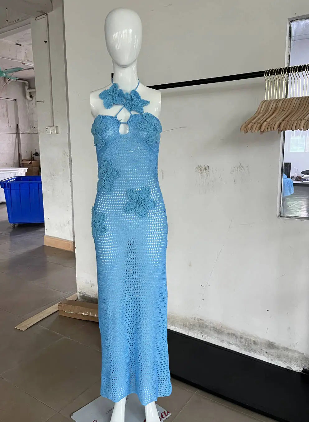 Sexy 3D Flower Knitted Dress for Women Hollow Out Halter Sleeveless Beach Maxi Dress Summer Vacation Ladies Vestidos