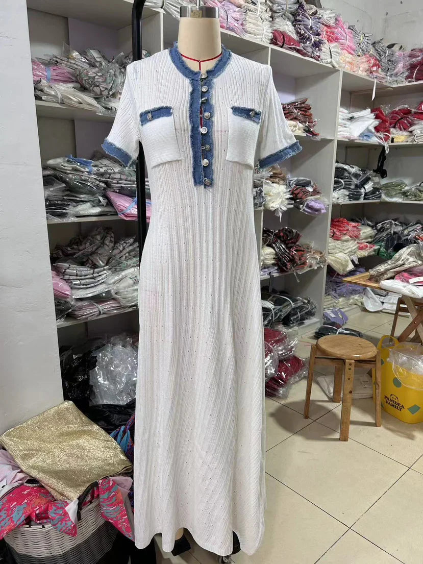 Elegant Denim Patchwork Knitted Long Dress for Women with V Neck Short Sleeves Buttons and Pockets
