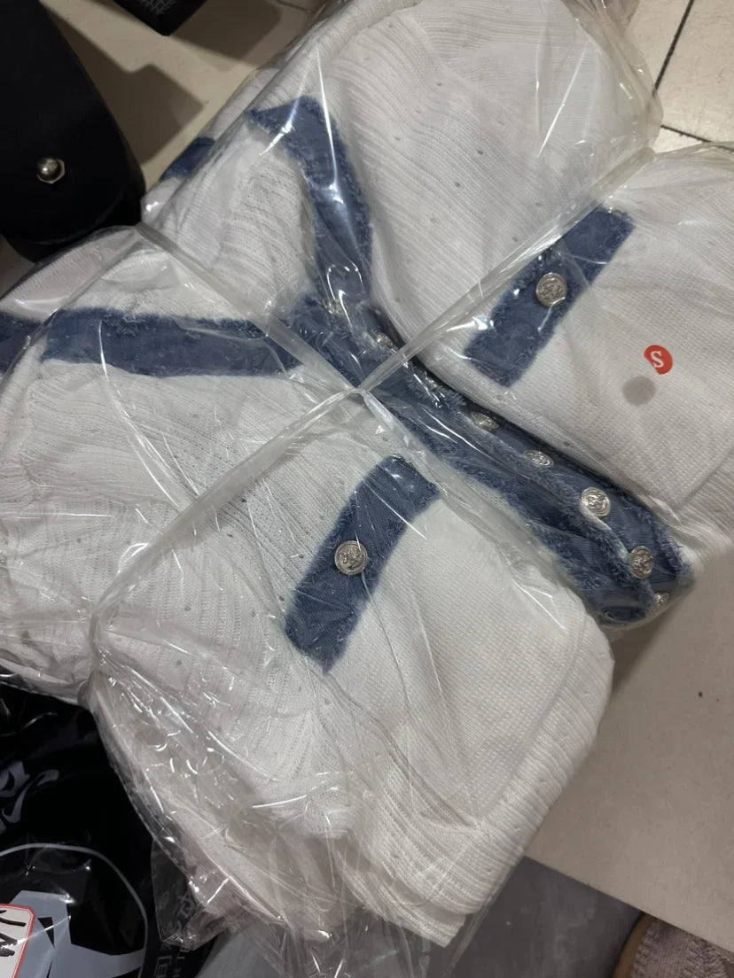 Elegant Denim Patchwork Knitted Long Dress for Women with V Neck Short Sleeves Buttons and Pockets