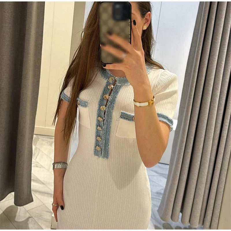 Elegant Denim Patchwork Knitted Long Dress for Women with V Neck Short Sleeves Buttons and Pockets