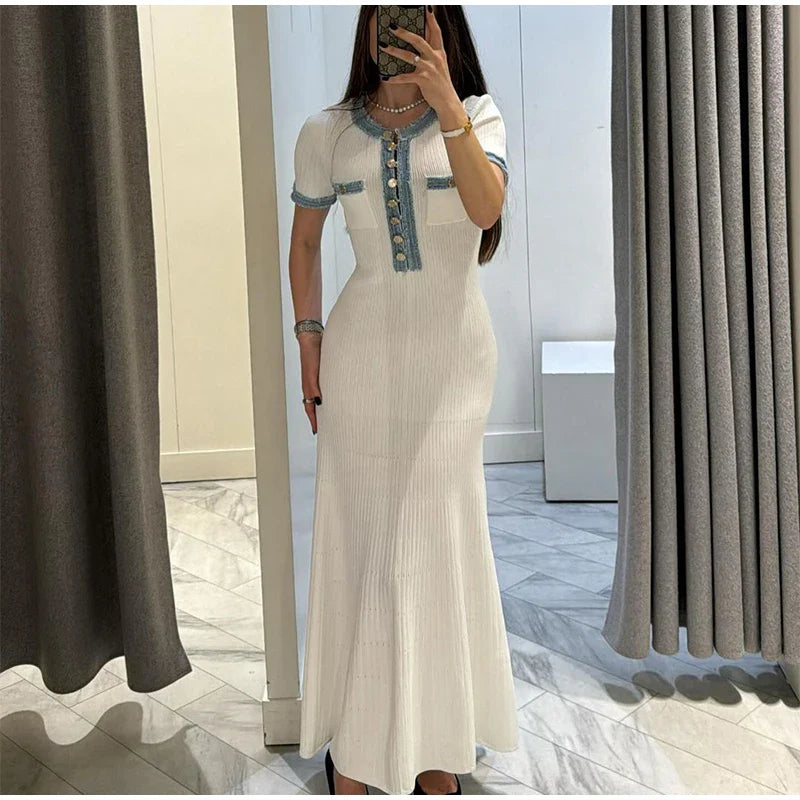 Elegant Denim Patchwork Knitted Long Dress for Women with V Neck Short Sleeves Buttons and Pockets