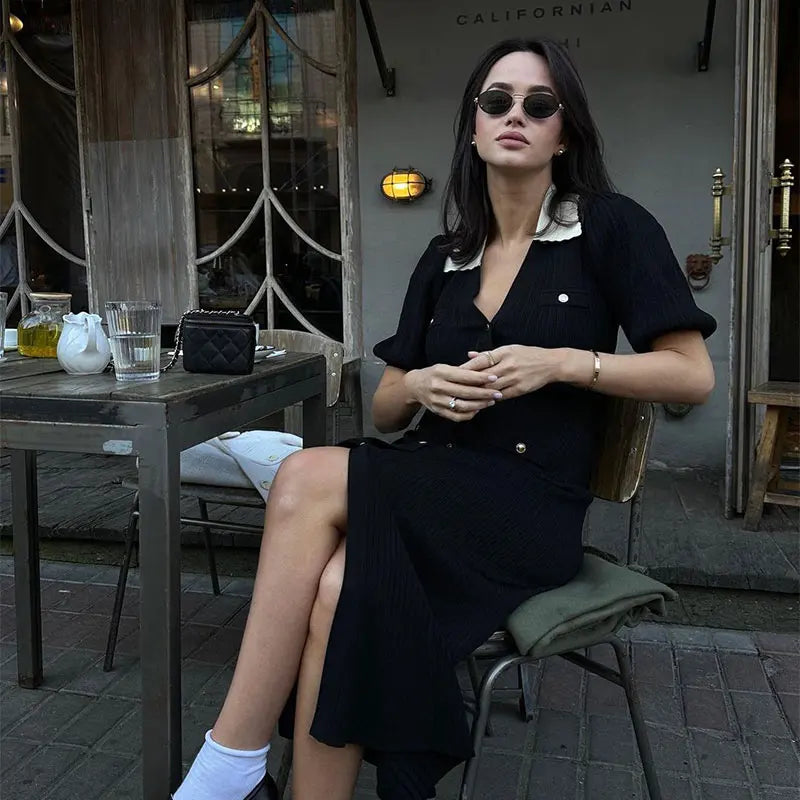 Contrast Single Breasted Knitted Dress for Women with Elegant Lapel and Short Sleeves in Hollow Out Chic Design for Red and Black Vestidos
