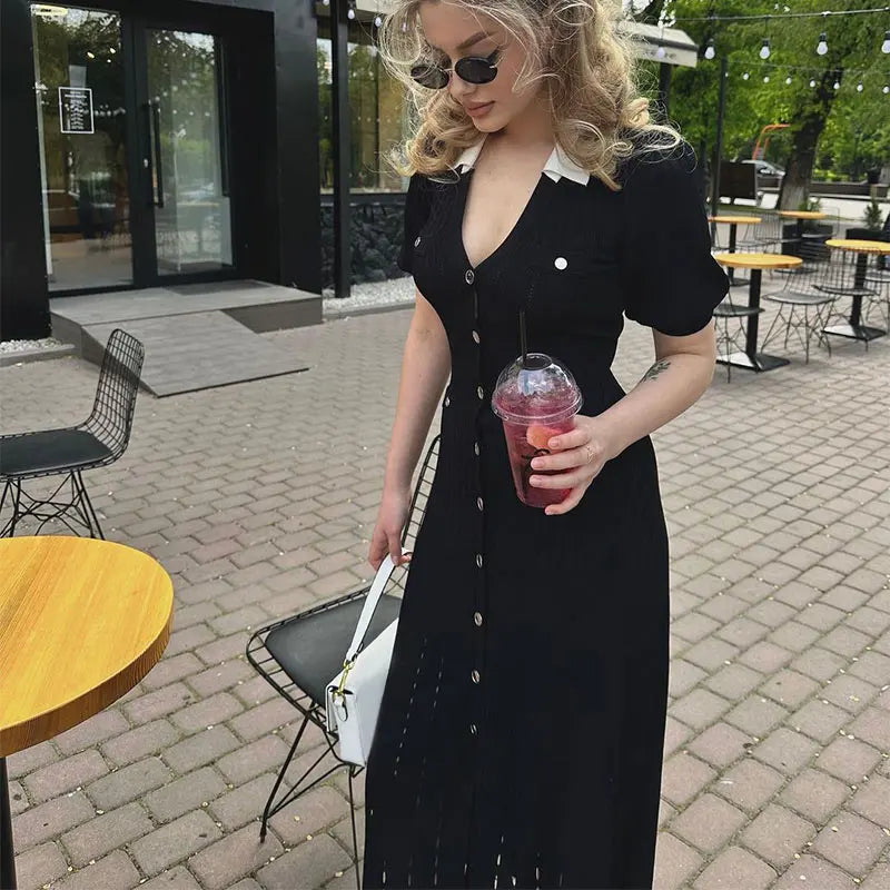 Contrast Single Breasted Knitted Dress for Women with Elegant Lapel and Short Sleeves in Hollow Out Chic Design for Red and Black Vestidos