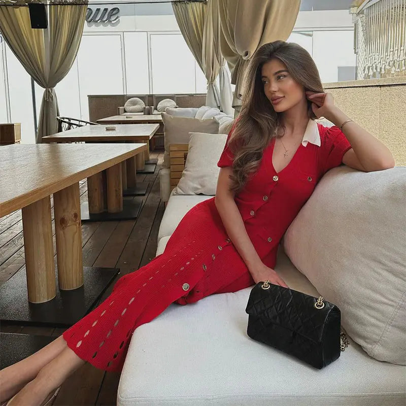 Contrast Single Breasted Knitted Dress for Women with Elegant Lapel and Short Sleeves in Hollow Out Chic Design for Red and Black Vestidos