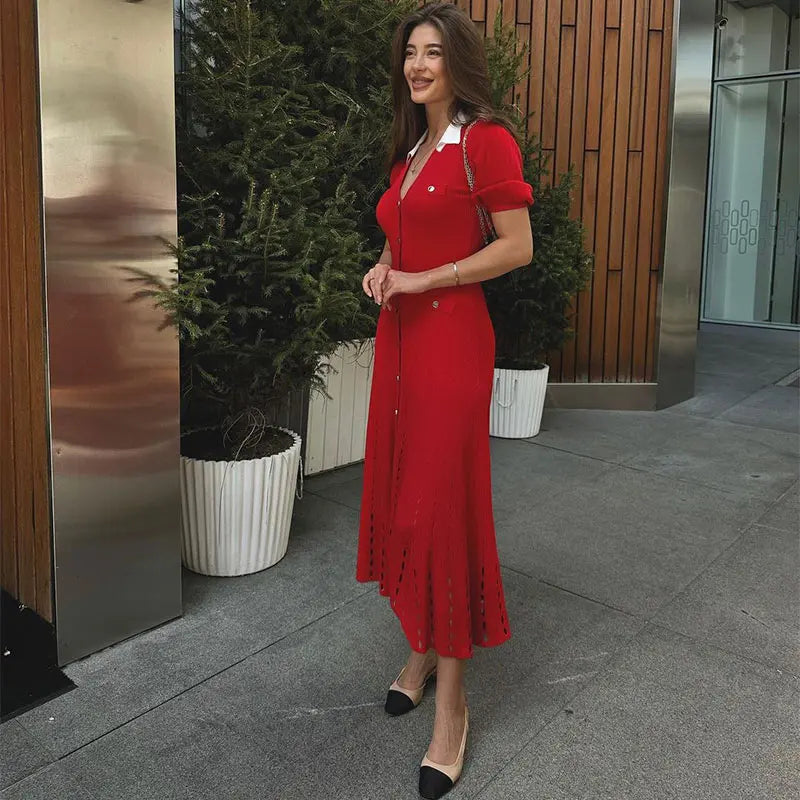 Contrast Single Breasted Knitted Dress for Women with Elegant Lapel and Short Sleeves in Hollow Out Chic Design for Red and Black Vestidos
