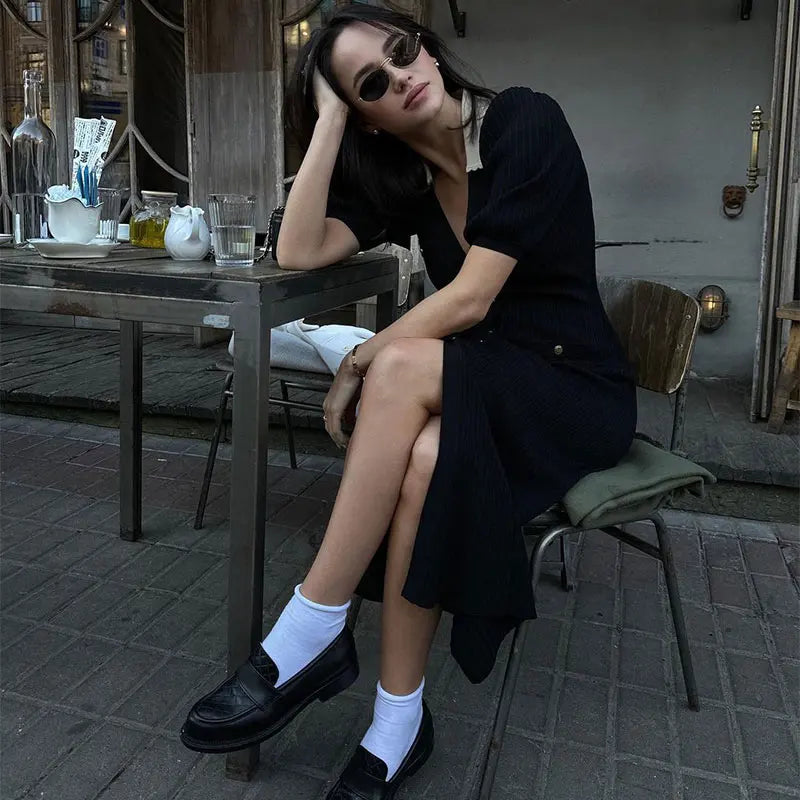 Contrast Single Breasted Knitted Dress for Women with Elegant Lapel and Short Sleeves in Hollow Out Chic Design for Red and Black Vestidos