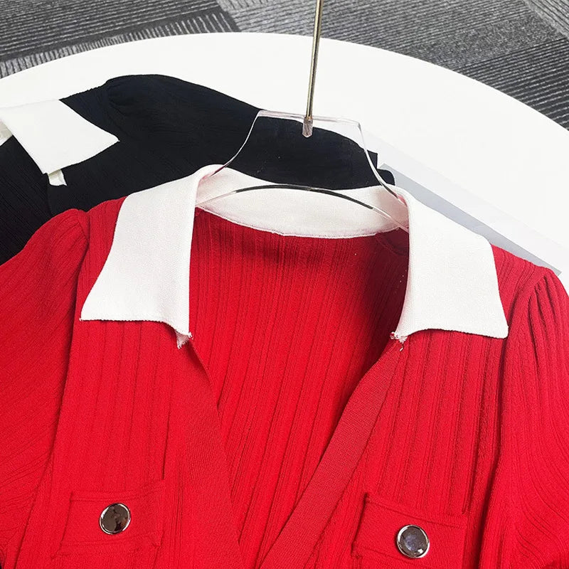 Contrast Single Breasted Knitted Dress for Women with Elegant Lapel and Short Sleeves in Hollow Out Chic Design for Red and Black Vestidos