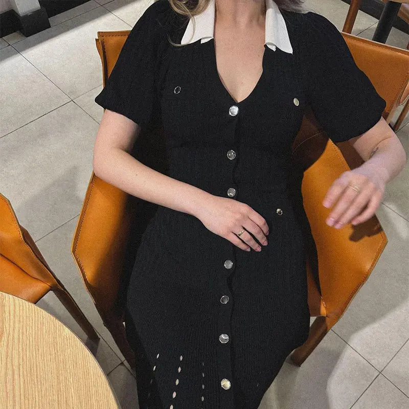 Contrast Single Breasted Knitted Dress for Women with Elegant Lapel and Short Sleeves in Hollow Out Chic Design for Red and Black Vestidos