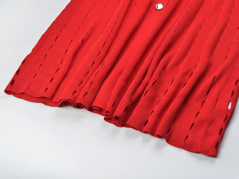 Contrast Single Breasted Knitted Dress for Women with Elegant Lapel and Short Sleeves in Hollow Out Chic Design for Red and Black Vestidos