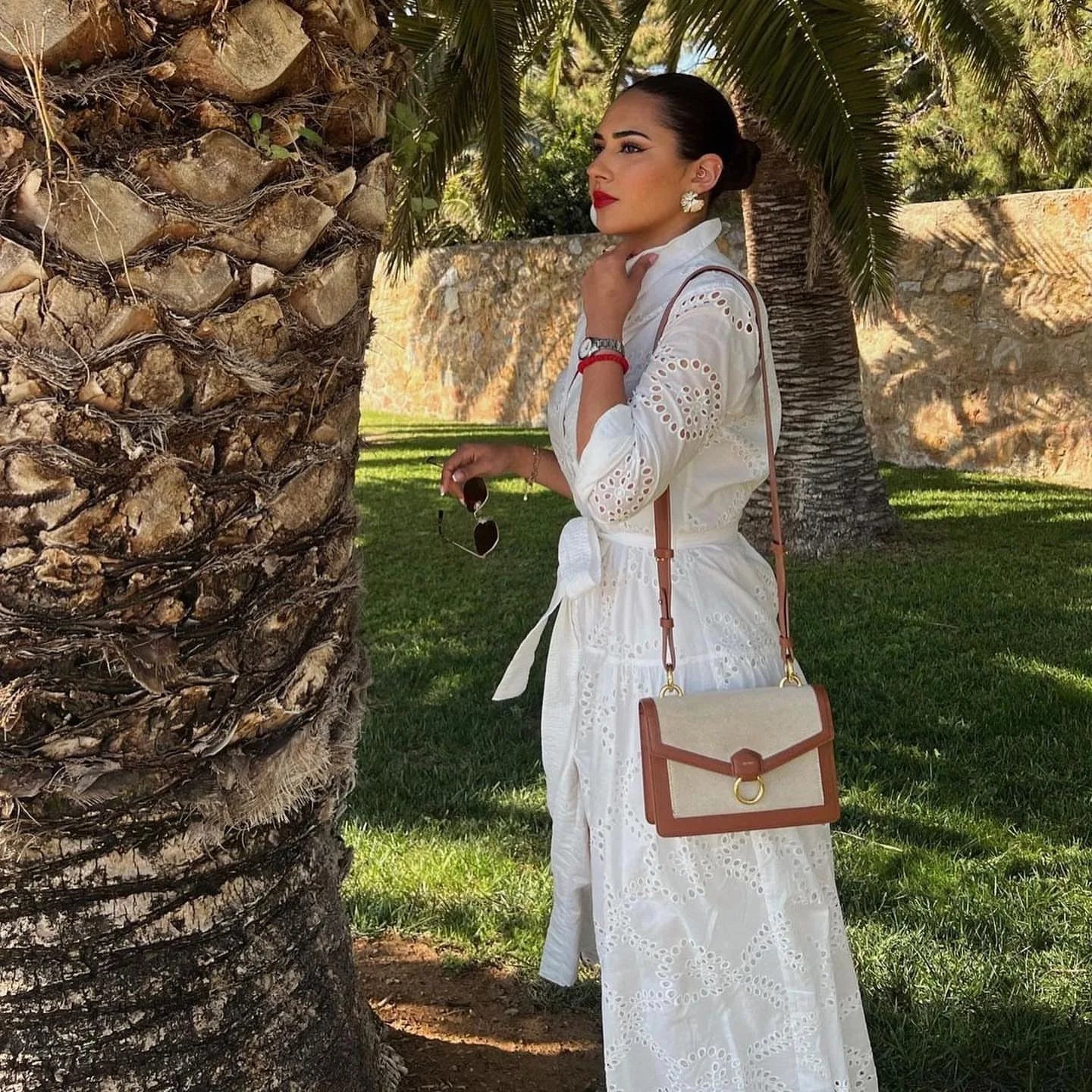 Elegant Embroidered White Maxi Dress for Women with Chic Lapel Long Sleeves High Waist Lace-Up Design and Sheer Hollow Out Details