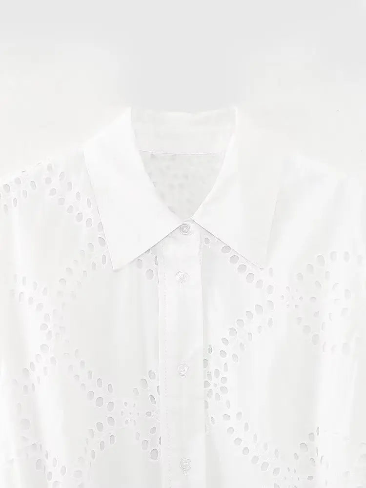 Elegant Embroidered White Maxi Dress for Women with Chic Lapel Long Sleeves High Waist Lace-Up Design and Sheer Hollow Out Details