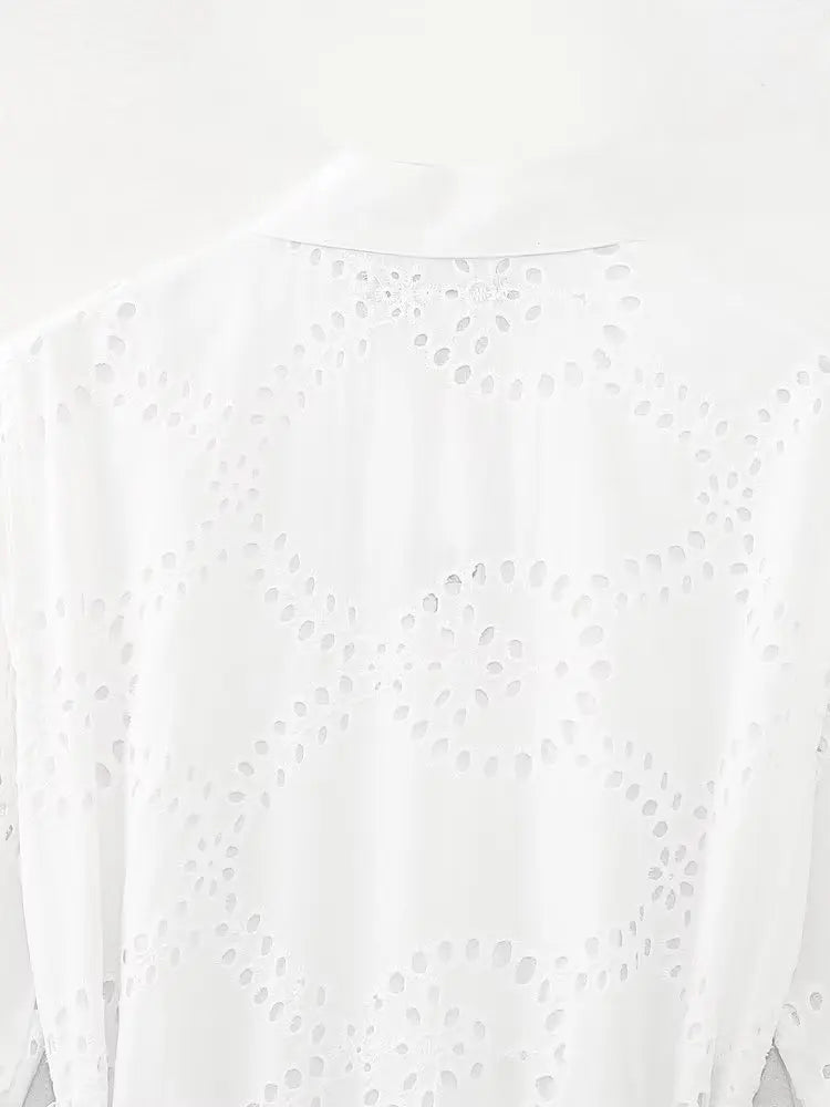 Elegant Embroidered White Maxi Dress for Women with Chic Lapel Long Sleeves High Waist Lace-Up Design and Sheer Hollow Out Details