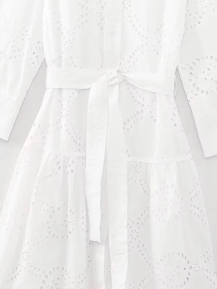 Elegant Embroidered White Maxi Dress for Women with Chic Lapel Long Sleeves High Waist Lace-Up Design and Sheer Hollow Out Details