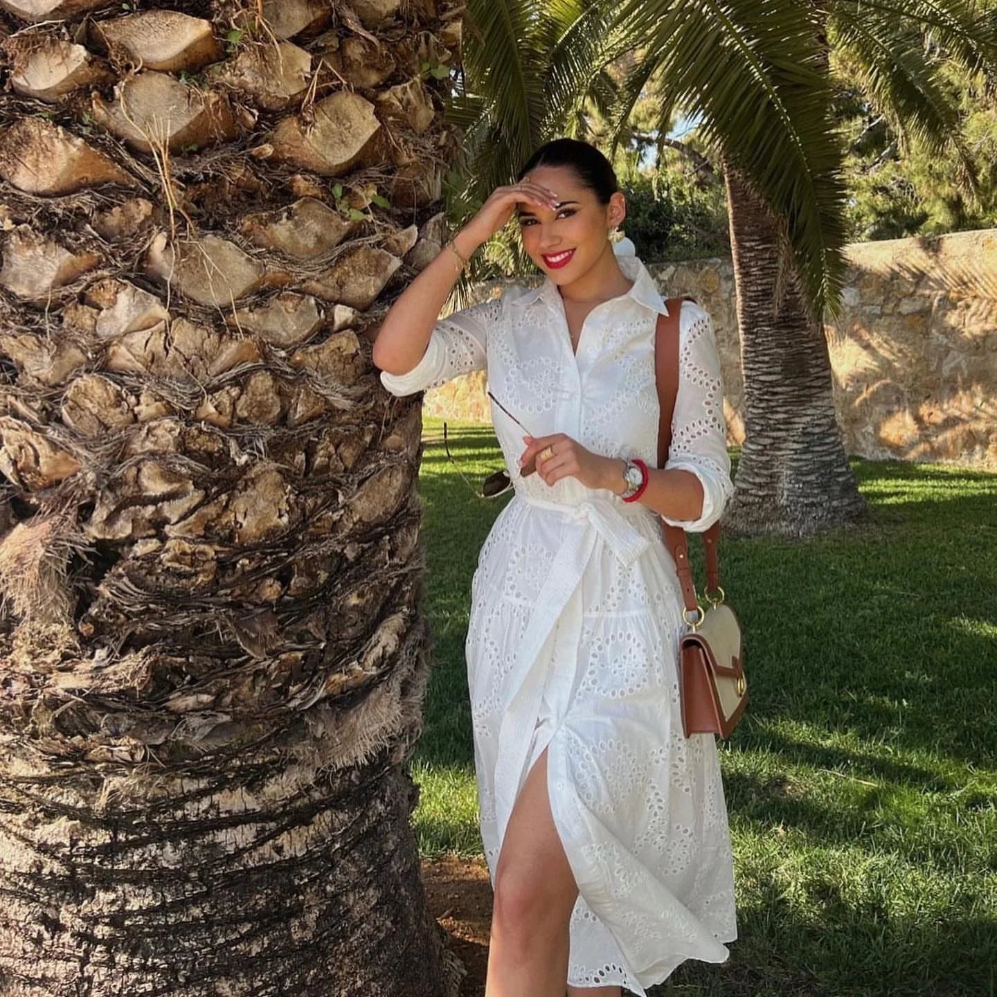 Elegant Embroidered White Maxi Dress for Women with Chic Lapel Long Sleeves High Waist Lace-Up Design and Sheer Hollow Out Details