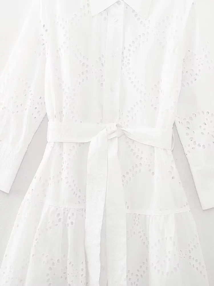 Elegant Embroidered White Maxi Dress for Women with Chic Lapel Long Sleeves High Waist Lace-Up Design and Sheer Hollow Out Details