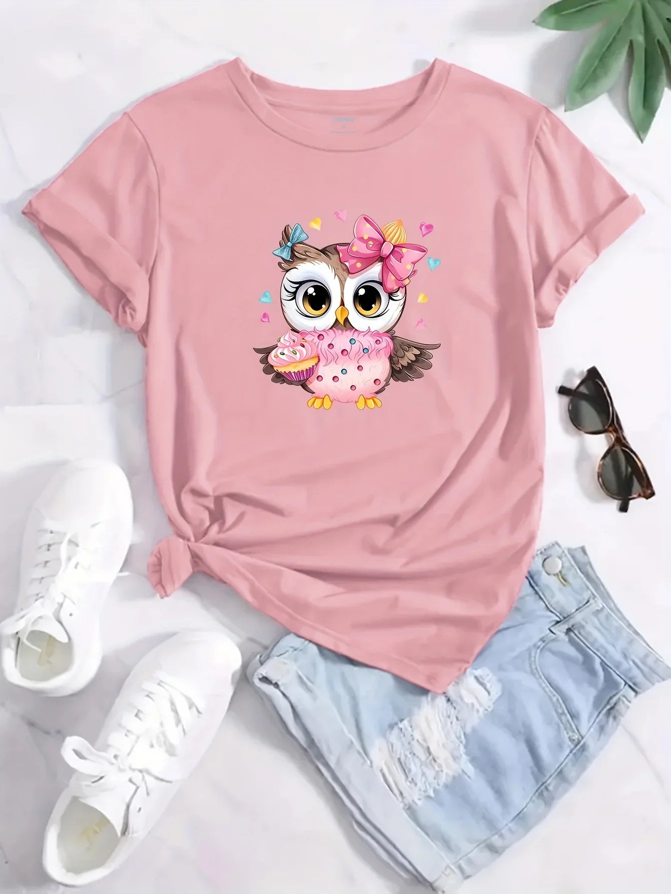 Cute Owl Print Crew Neck T-Shirt for Women Casual Short Sleeve Lightweight Top Perfect for Spring and Summer Fashion
