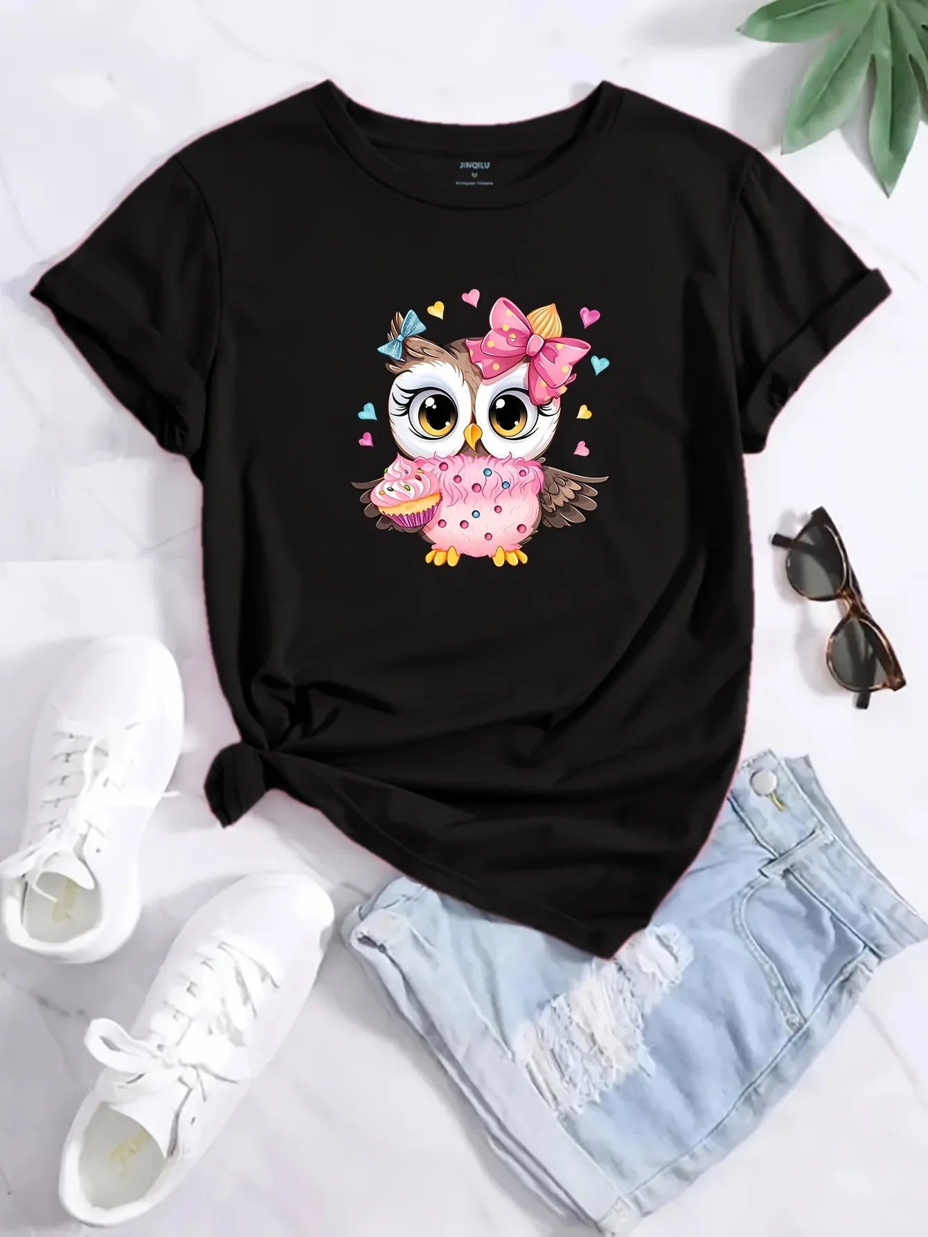 Cute Owl Print Crew Neck T-Shirt for Women Casual Short Sleeve Lightweight Top Perfect for Spring and Summer Fashion