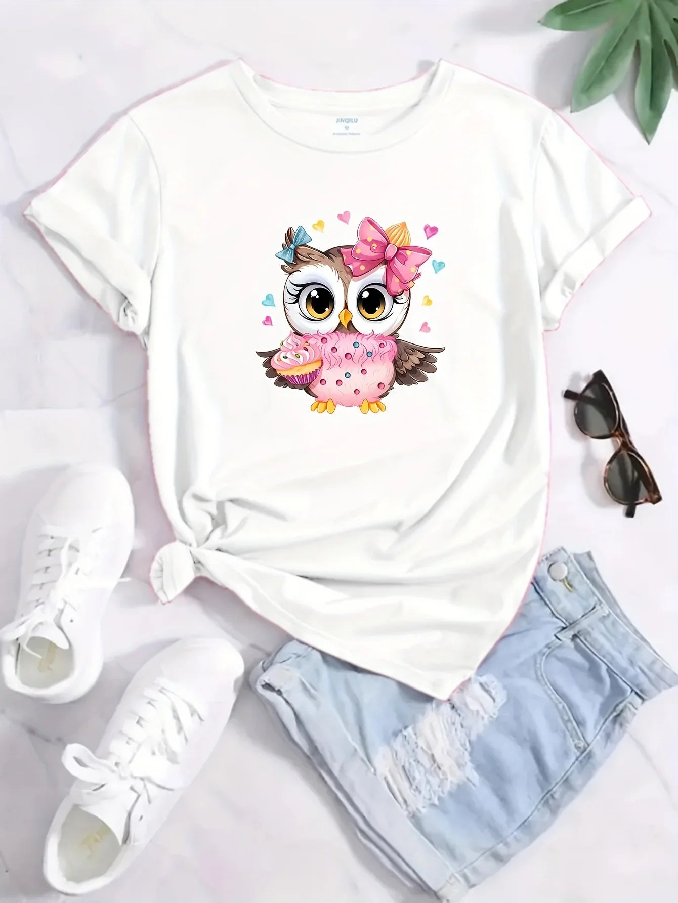 Cute Owl Print Crew Neck T-Shirt for Women Casual Short Sleeve Lightweight Top Perfect for Spring and Summer Fashion