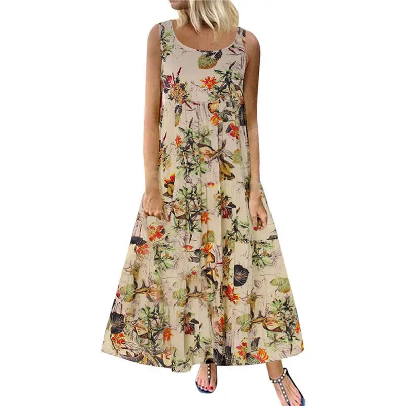 Bohemian Maxi Dress for Women Casual Vintage Sleeveless O Neck Floral Print Loose Long Beach Dress Oversized Sundress