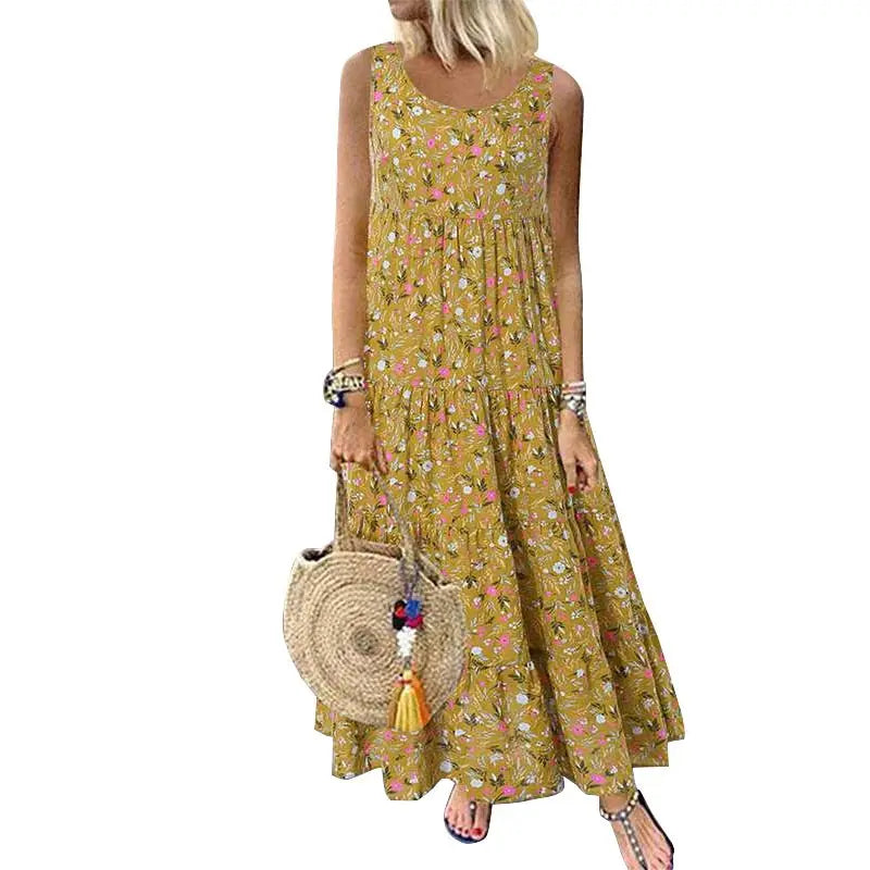 Bohemian Maxi Dress for Women Casual Vintage Sleeveless O Neck Floral Print Loose Long Beach Dress Oversized Sundress