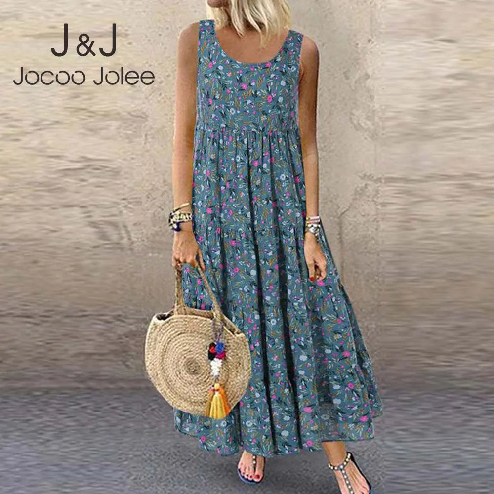 Bohemian Maxi Dress for Women Casual Vintage Sleeveless O Neck Floral Print Loose Long Beach Dress Oversized Sundress