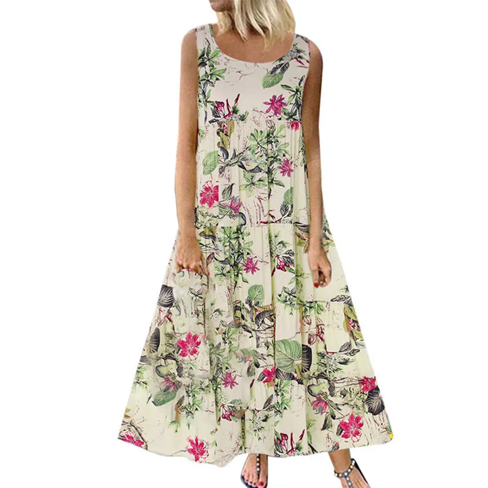 Bohemian Maxi Dress for Women Casual Vintage Sleeveless O Neck Floral Print Loose Long Beach Dress Oversized Sundress