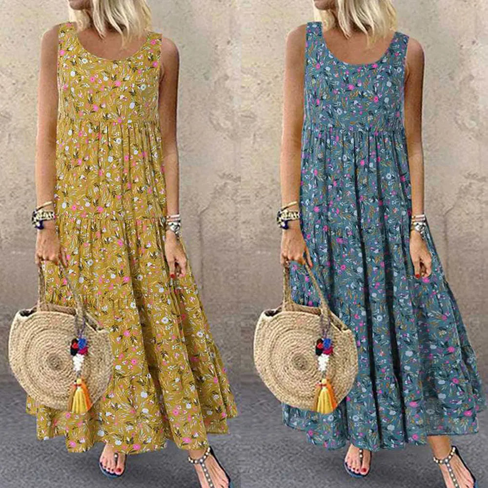 Bohemian Maxi Dress for Women Casual Vintage Sleeveless O Neck Floral Print Loose Long Beach Dress Oversized Sundress