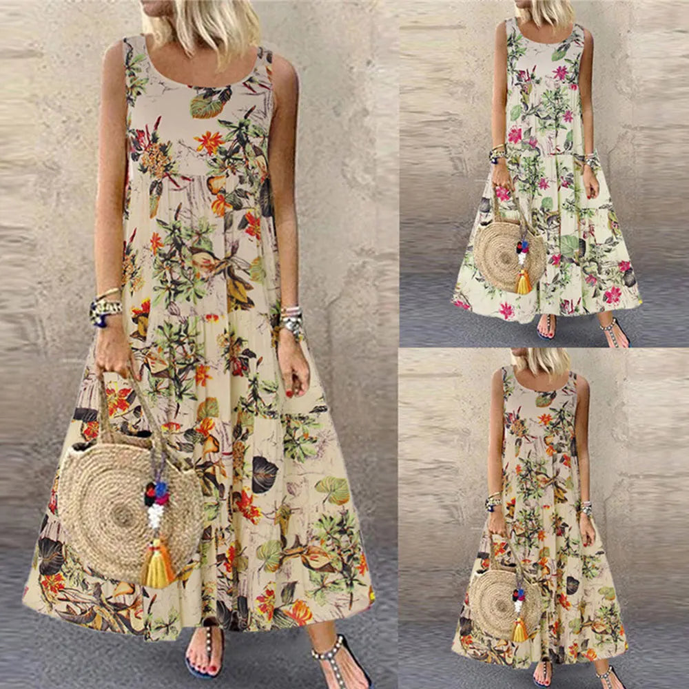 Bohemian Maxi Dress for Women Casual Vintage Sleeveless O Neck Floral Print Loose Long Beach Dress Oversized Sundress