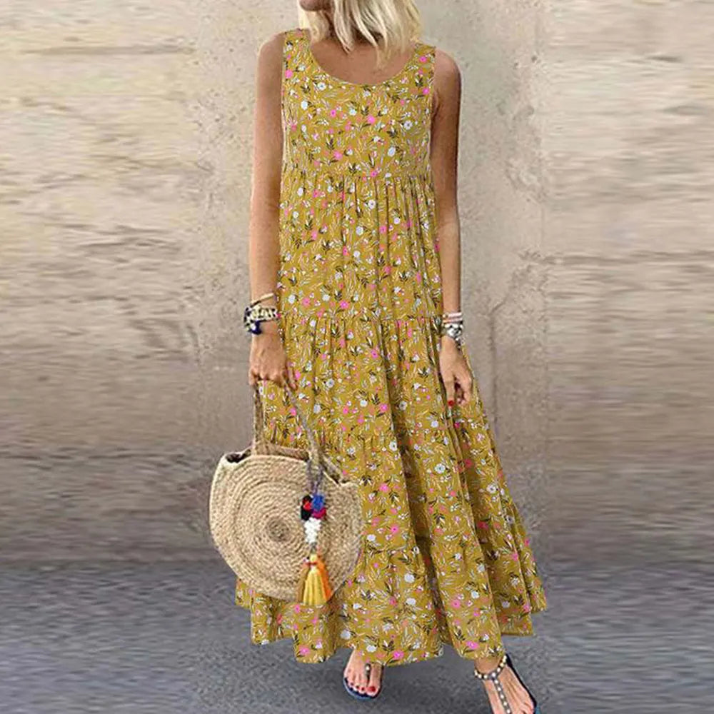 Bohemian Maxi Dress for Women Casual Vintage Sleeveless O Neck Floral Print Loose Long Beach Dress Oversized Sundress
