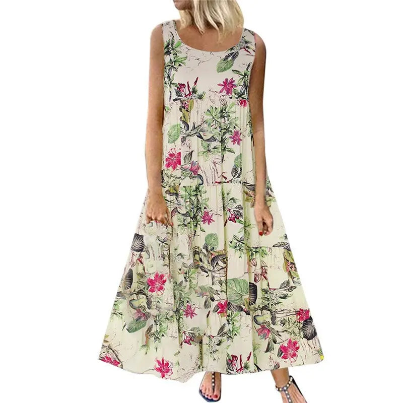 Bohemian Maxi Dress for Women Casual Vintage Sleeveless O Neck Floral Print Loose Long Beach Dress Oversized Sundress