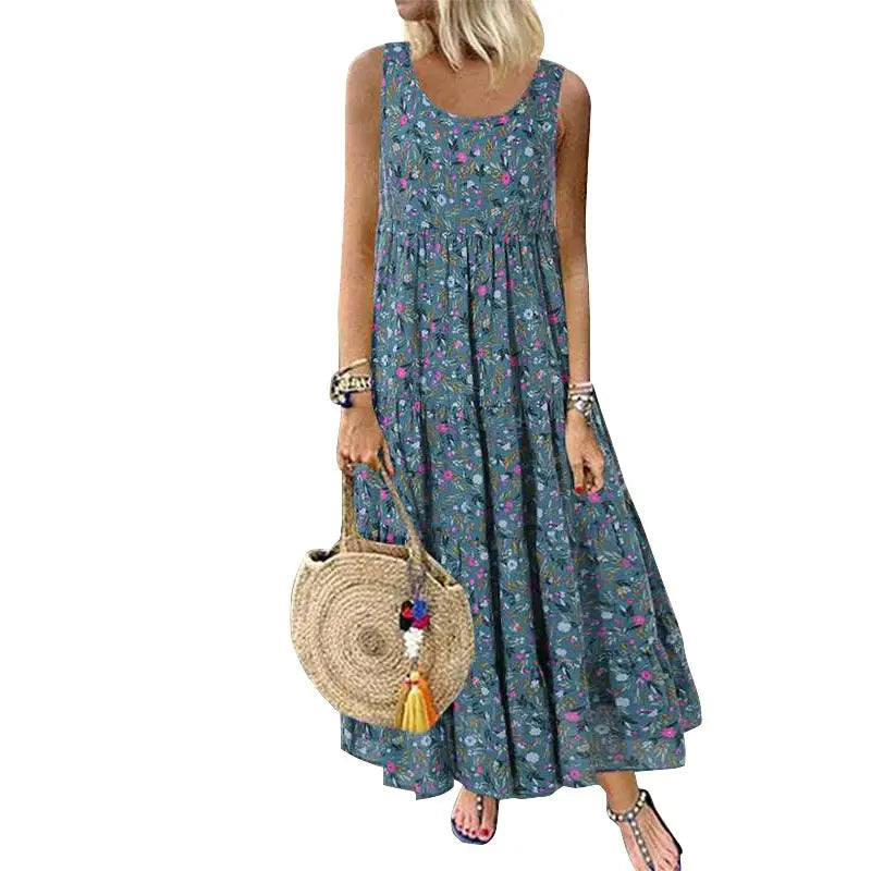 Bohemian Maxi Dress for Women Casual Vintage Sleeveless O Neck Floral Print Loose Long Beach Dress Oversized Sundress