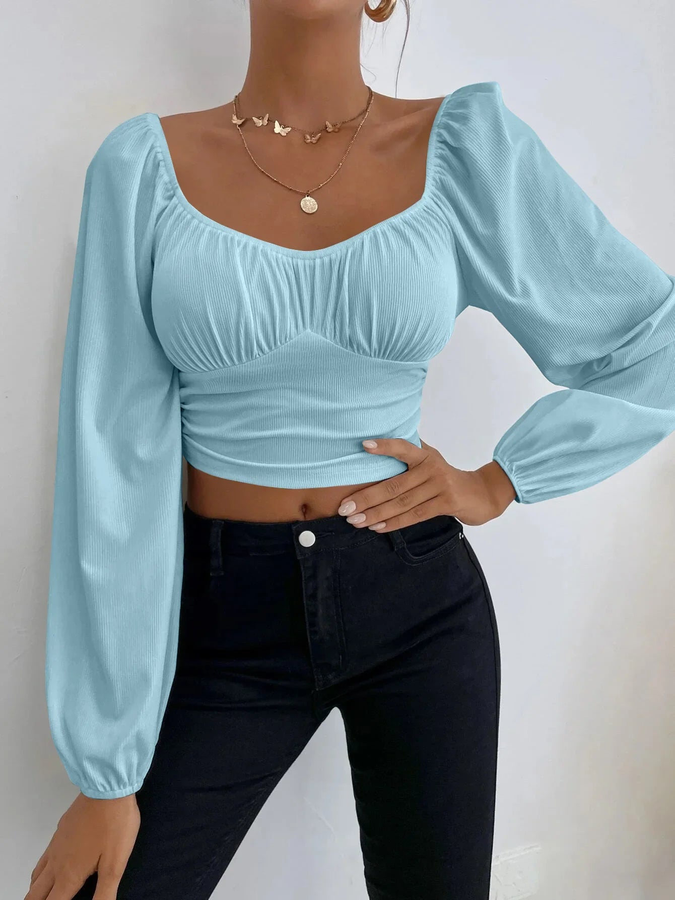 Women's Boho Ruched Sweetheart Neck Lantern Sleeve Black Slim Crop Top Summer Blouse Stylish Korean Tee Shirt