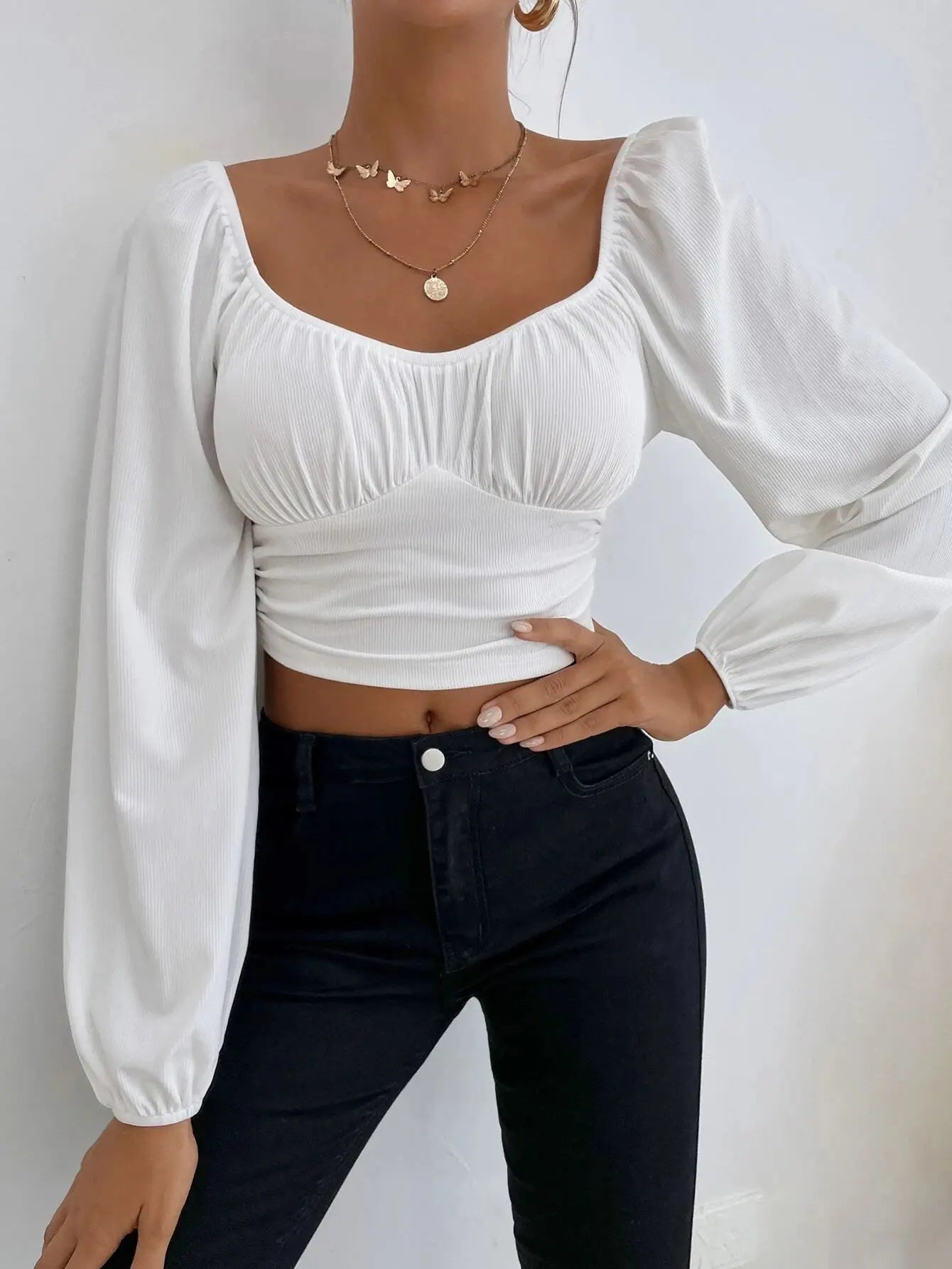 Women's Boho Ruched Sweetheart Neck Lantern Sleeve Black Slim Crop Top Summer Blouse Stylish Korean Tee Shirt