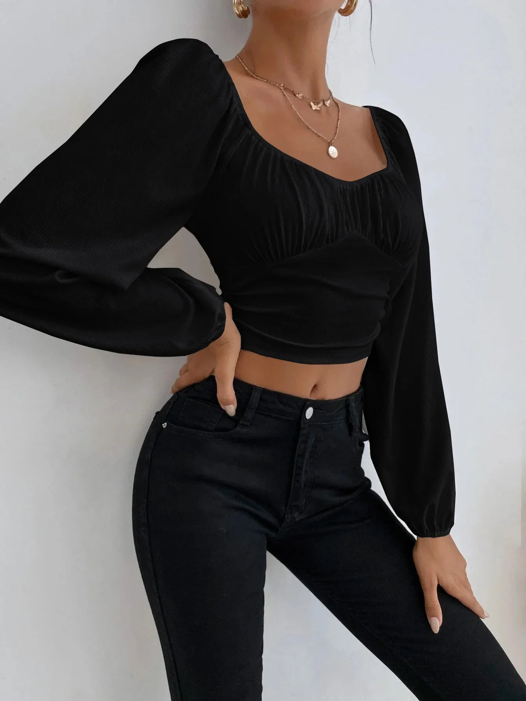 Women's Boho Ruched Sweetheart Neck Lantern Sleeve Black Slim Crop Top Summer Blouse Stylish Korean Tee Shirt