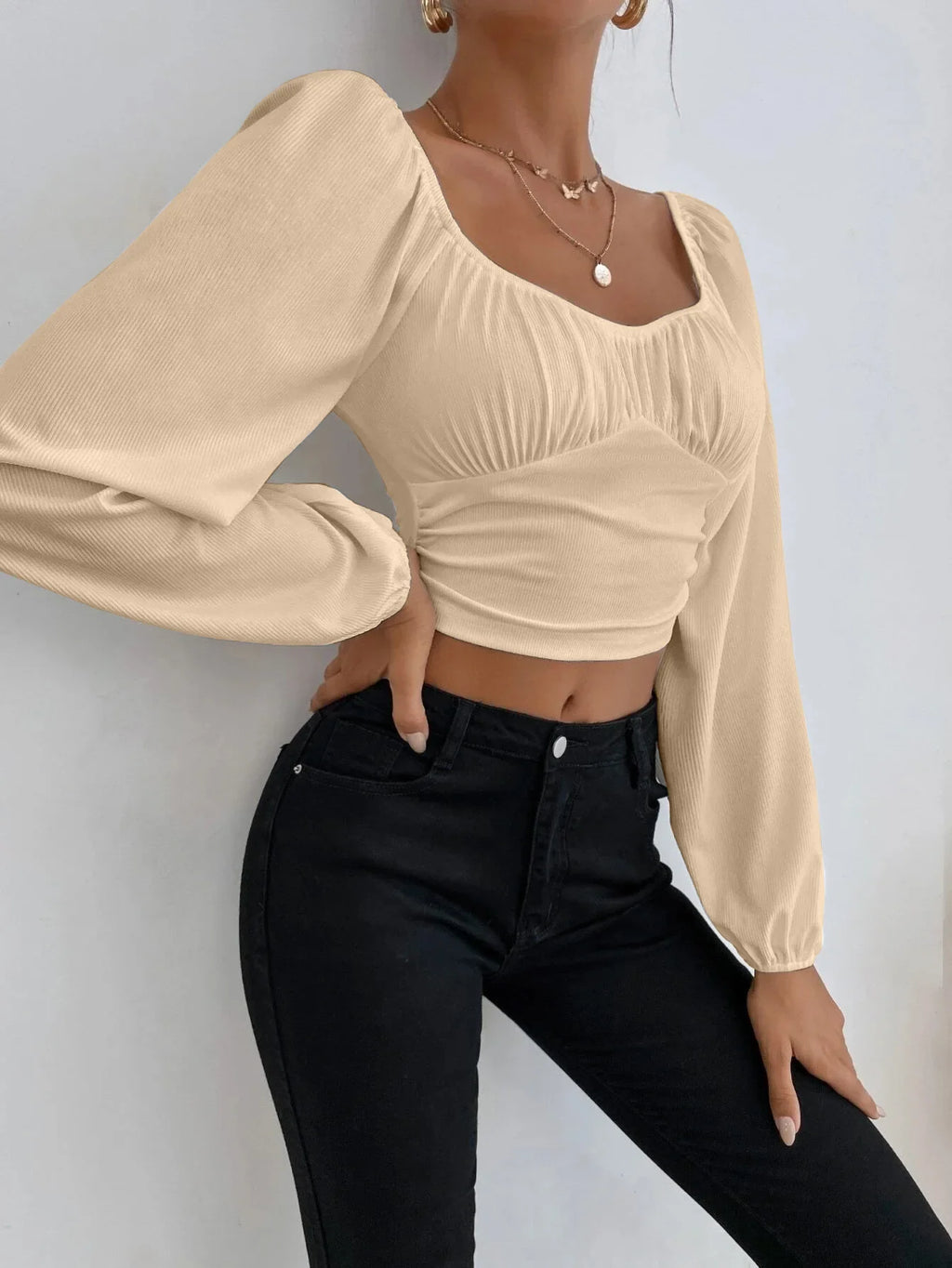 Women's Boho Ruched Sweetheart Neck Lantern Sleeve Black Slim Crop Top Summer Blouse Stylish Korean Tee Shirt