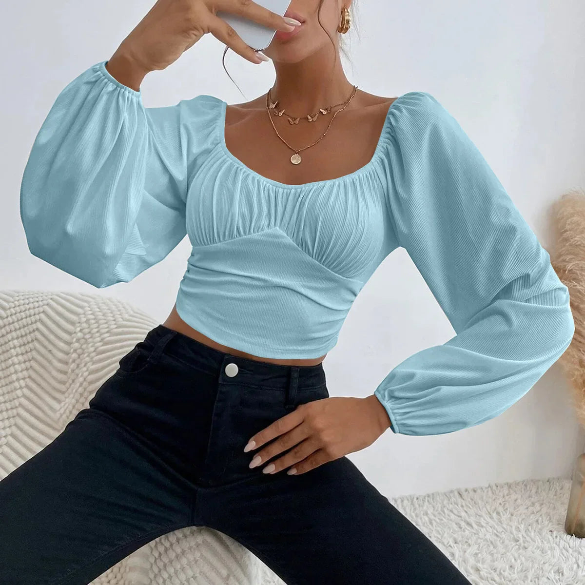 Women's Boho Ruched Sweetheart Neck Lantern Sleeve Black Slim Crop Top Summer Blouse Stylish Korean Tee Shirt