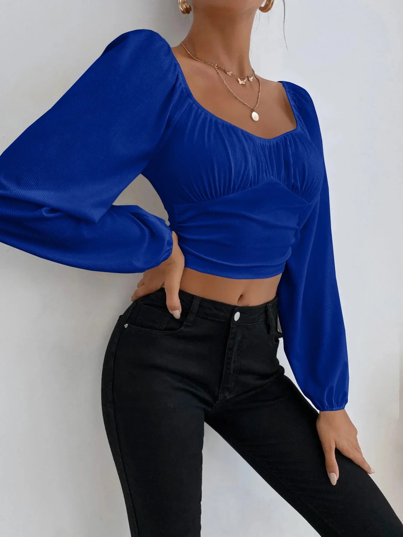 Women's Boho Ruched Sweetheart Neck Lantern Sleeve Black Slim Crop Top Summer Blouse Stylish Korean Tee Shirt