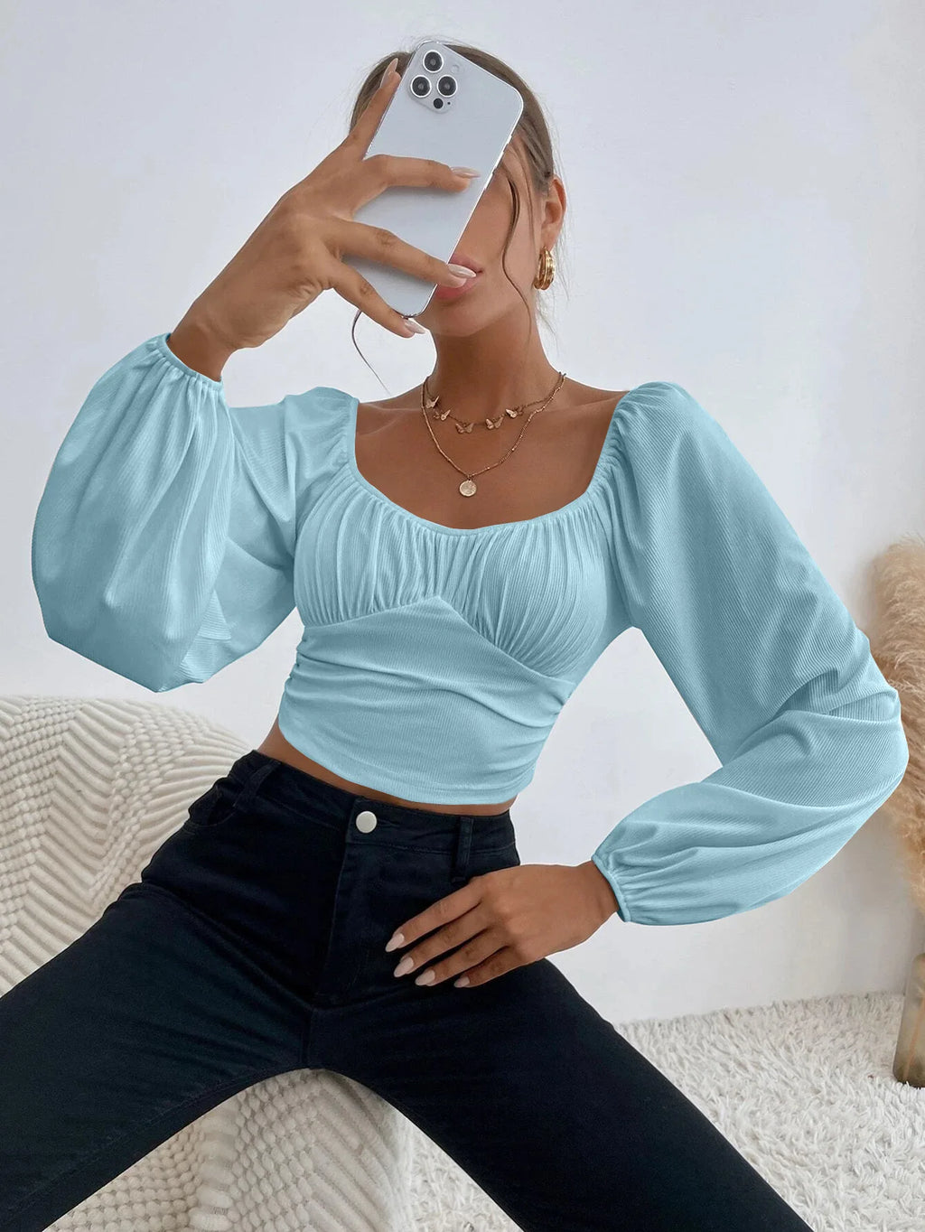 Women's Boho Ruched Sweetheart Neck Lantern Sleeve Black Slim Crop Top Summer Blouse Stylish Korean Tee Shirt
