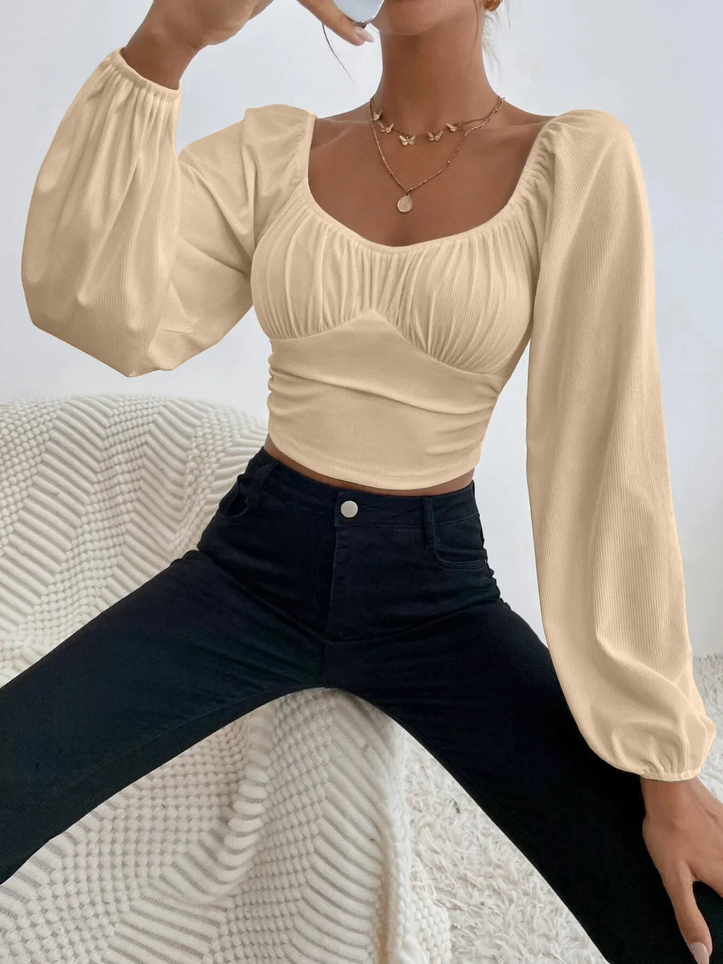 Women's Boho Ruched Sweetheart Neck Lantern Sleeve Black Slim Crop Top Summer Blouse Stylish Korean Tee Shirt