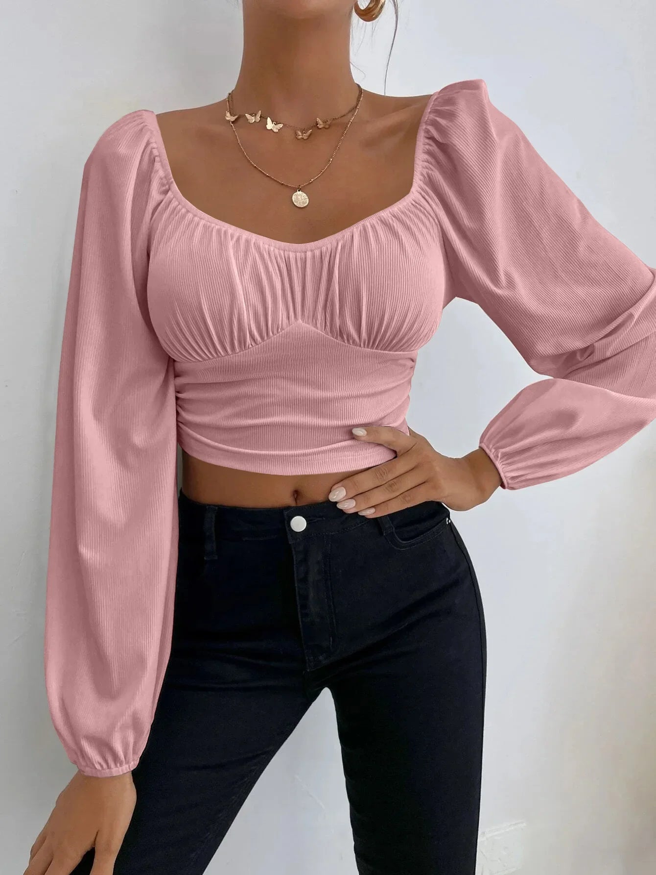 Women's Boho Ruched Sweetheart Neck Lantern Sleeve Black Slim Crop Top Summer Blouse Stylish Korean Tee Shirt