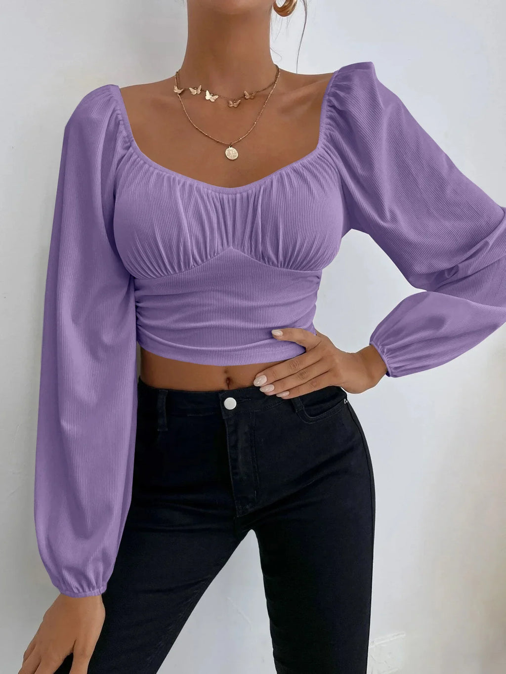 Women's Boho Ruched Sweetheart Neck Lantern Sleeve Black Slim Crop Top Summer Blouse Stylish Korean Tee Shirt