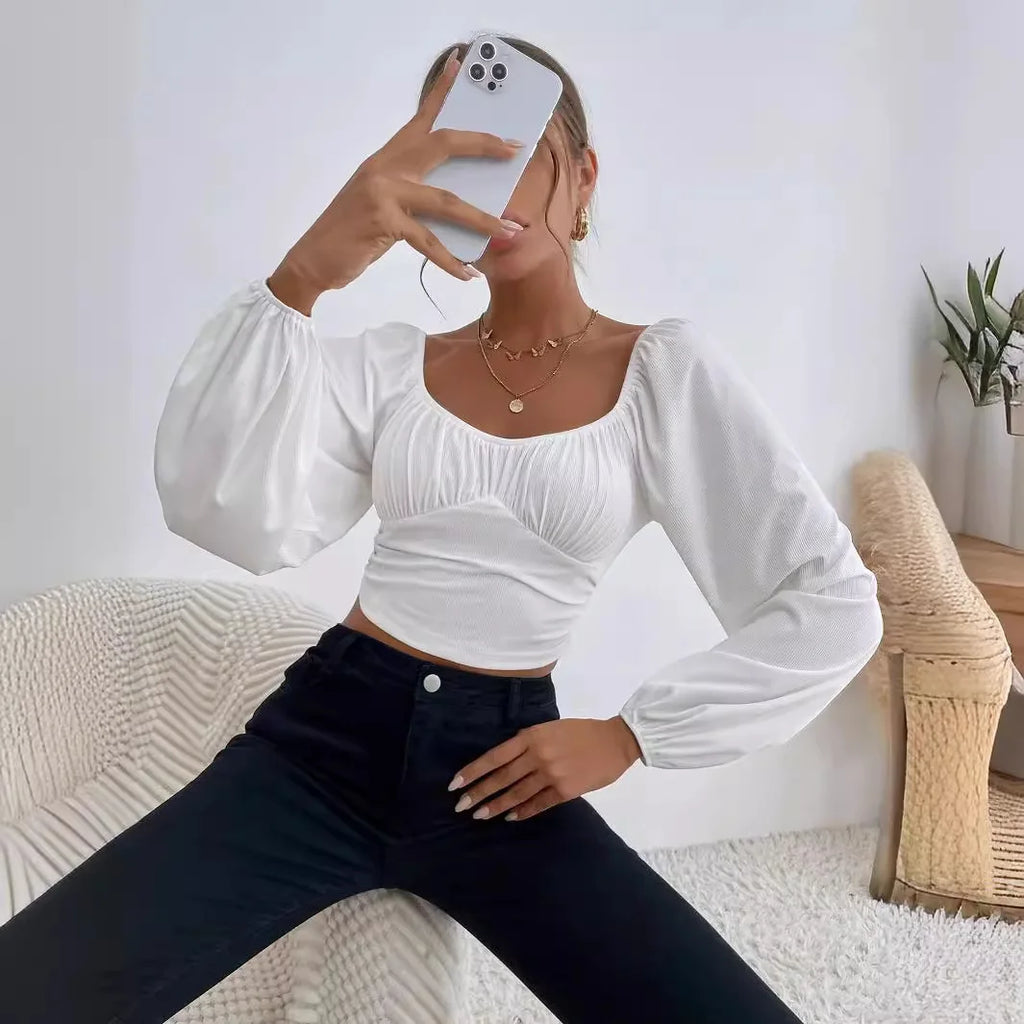 Women's Boho Ruched Sweetheart Neck Lantern Sleeve Black Slim Crop Top Summer Blouse Stylish Korean Tee Shirt