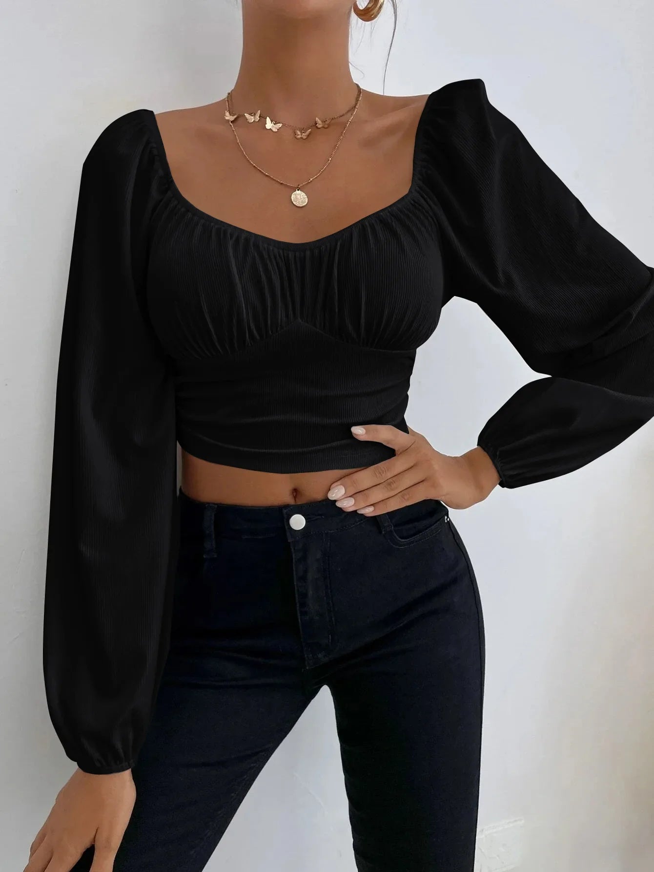 Women's Boho Ruched Sweetheart Neck Lantern Sleeve Black Slim Crop Top Summer Blouse Stylish Korean Tee Shirt