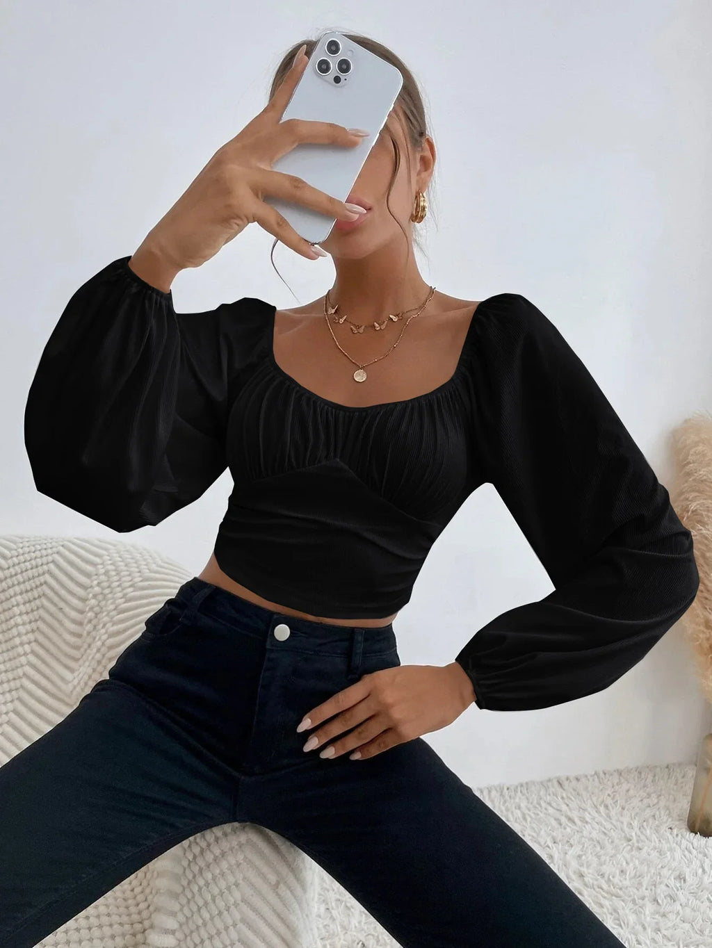 Women's Boho Ruched Sweetheart Neck Lantern Sleeve Black Slim Crop Top Summer Blouse Stylish Korean Tee Shirt