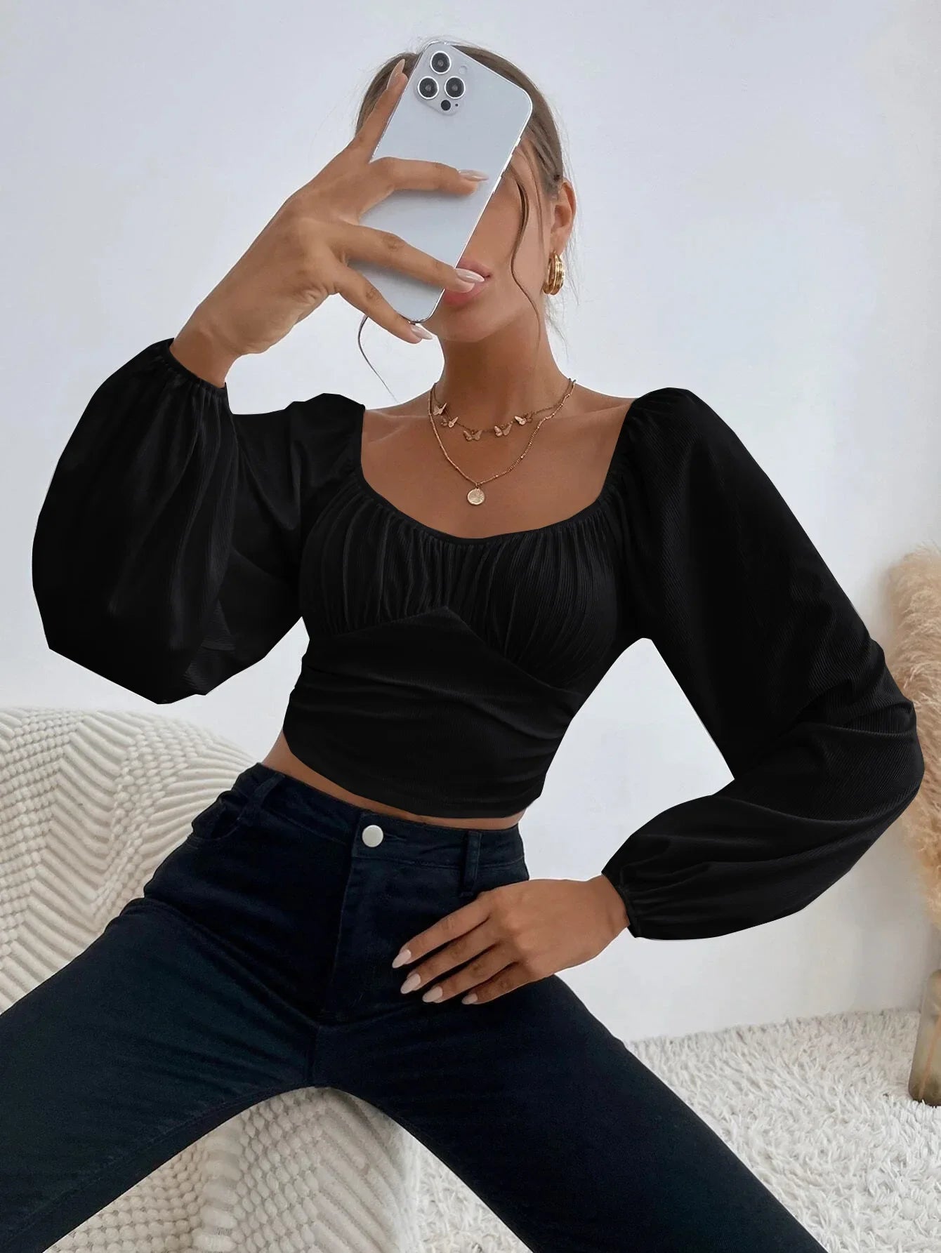 Women's Boho Ruched Sweetheart Neck Lantern Sleeve Black Slim Crop Top Summer Blouse Stylish Korean Tee Shirt