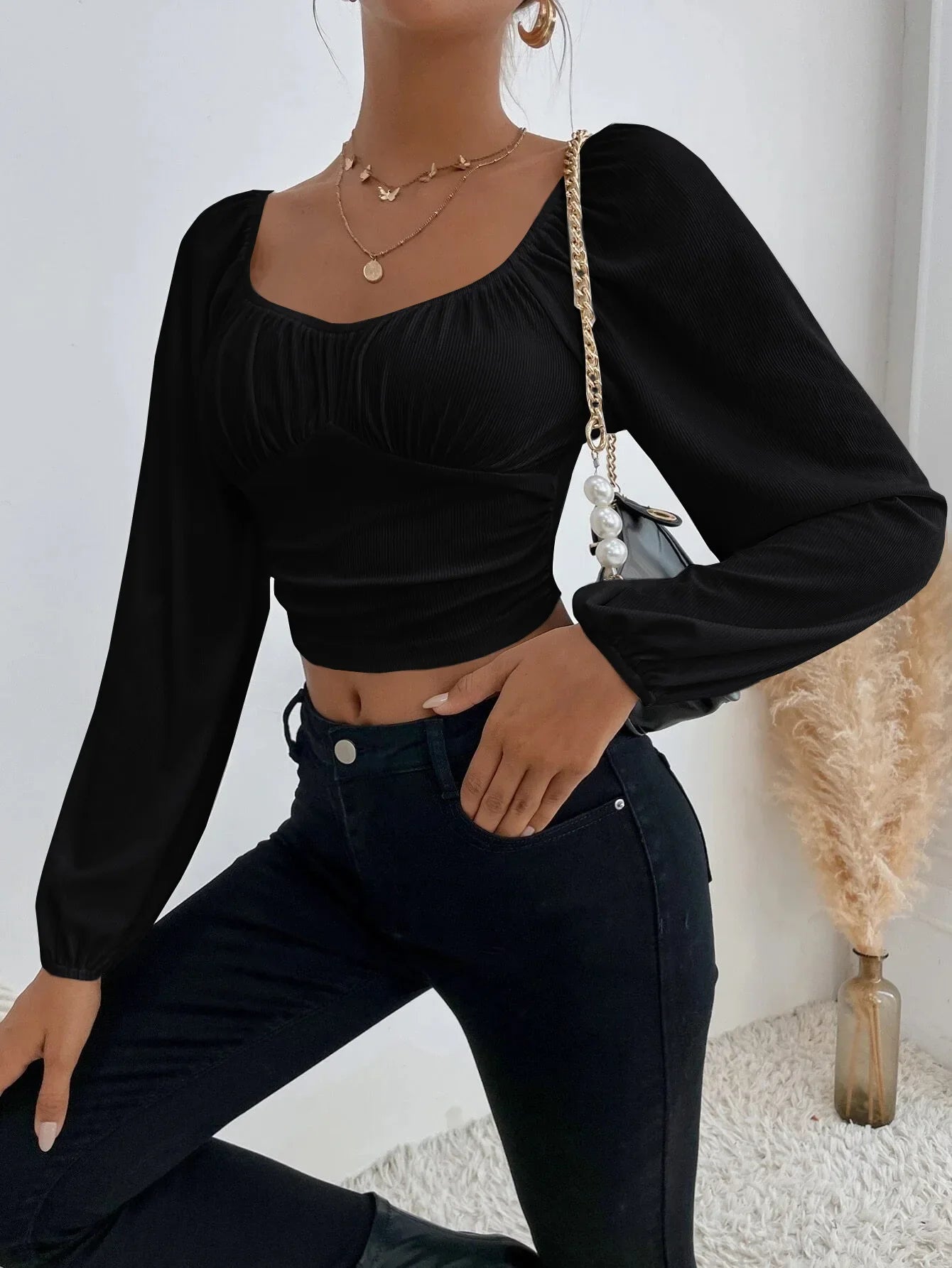 Women's Boho Ruched Sweetheart Neck Lantern Sleeve Black Slim Crop Top Summer Blouse Stylish Korean Tee Shirt