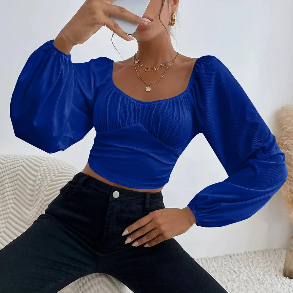Women's Boho Ruched Sweetheart Neck Lantern Sleeve Black Slim Crop Top Summer Blouse Stylish Korean Tee Shirt